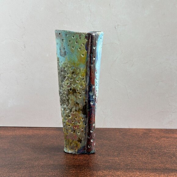 Studio Pottery Vase 8", Blue Yellow Pierced Ceramic - Picture 5 of 9